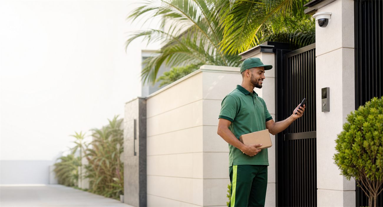 Courier using the building's digital entrance